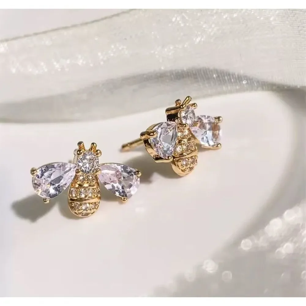 Gold-Tone Bee Stud Earrings Cubic Zirconia Chic Party Gift Birthday